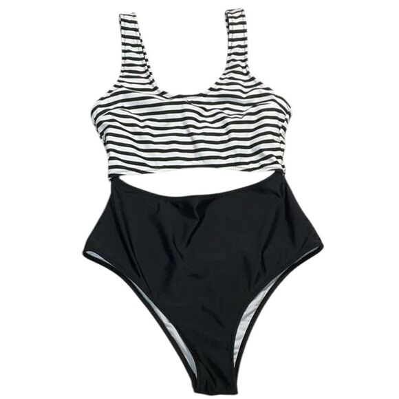 CUPSHE Black & White Striped One Piece Cutout Swimsuit - Picture 2 of 9